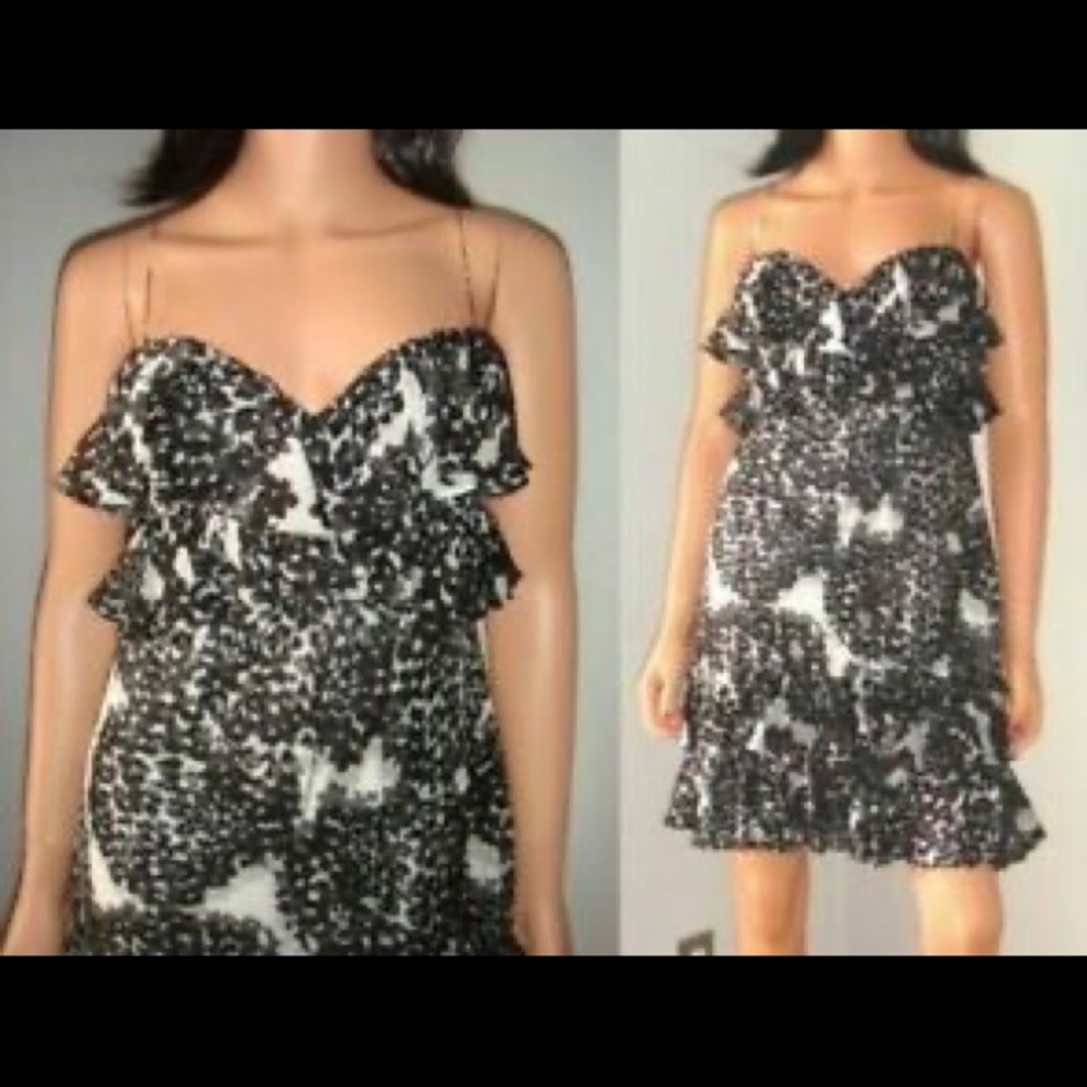 NWT! Marchesa Notte Tiered Ruffle Spaghetti Strap Mini Dress Black White…